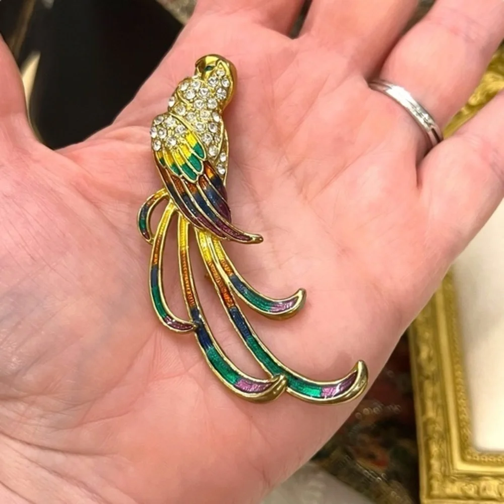 Large Bird‎ of Paradise Brooch Gold Tone Enamel Rhinestones Parrot Bird Colorful